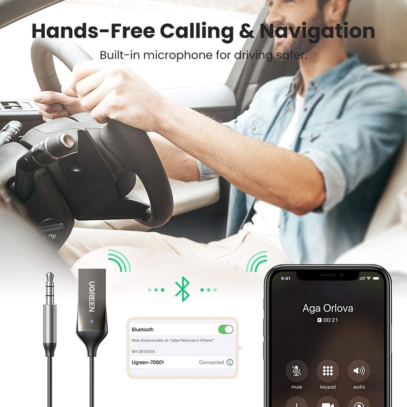 [Australia - AusPower] - UGREEN Aux to Bluetooth 5.0 Adapter 3.5mm Bluetooth Receiver for Car USB 2.0 to 3.5mm Jack Kit with Built-in Microphone Aux Input for Hands-Free Calls Compatible with Car Speaker and Home Audio 