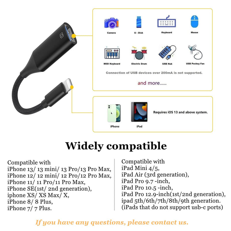[Australia - AusPower] - IVSHOWCO USB Camera Adapter for iPhone, USB OTG Cable Adapter for iPad Supports USB Flash Drive, Card Reader, Mouse, Keyboard, MIDI... Black 