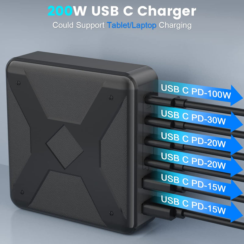 [Australia - AusPower] - USB C Charger, 200W USB C Charging Station 6-Port Fast Charger, 100W USB C Laptop Charger USB C Charger Block for MacBook Pro/Air,iPad Series, iPhone 14/13Pro Max/12 Samsung Galaxy Note 