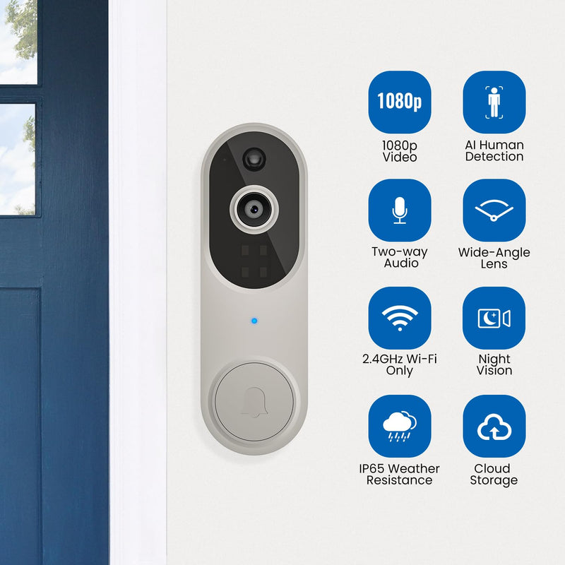 [Australia - AusPower] - BITEPASS 1080p Video Doorbell Camera Wireless with Ring Chime, AI Human Detection, FHD Live View, 2-Way Audio, Night Vision, Cloud Storage, Wire-Free, Battery Powered, Indoor Outdoor Surveillance 