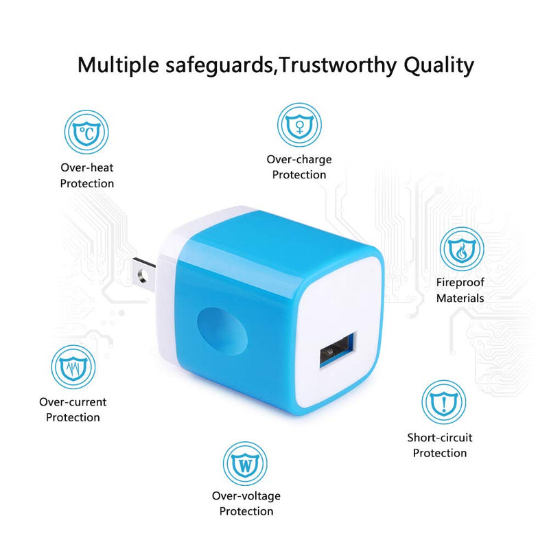 [Australia - AusPower] - USB Plug in Wall Charger, Charger Box for iPhone, USB Block, NonoUV 4-Pack Single Port Charger Plug Power Adapter for iPhone 12 11 Pro Max SE XR XS X 8 7 6 6s Plus, Android, Samsung, LG, Moto, Kindle Blue, Green, Purple, Rose 