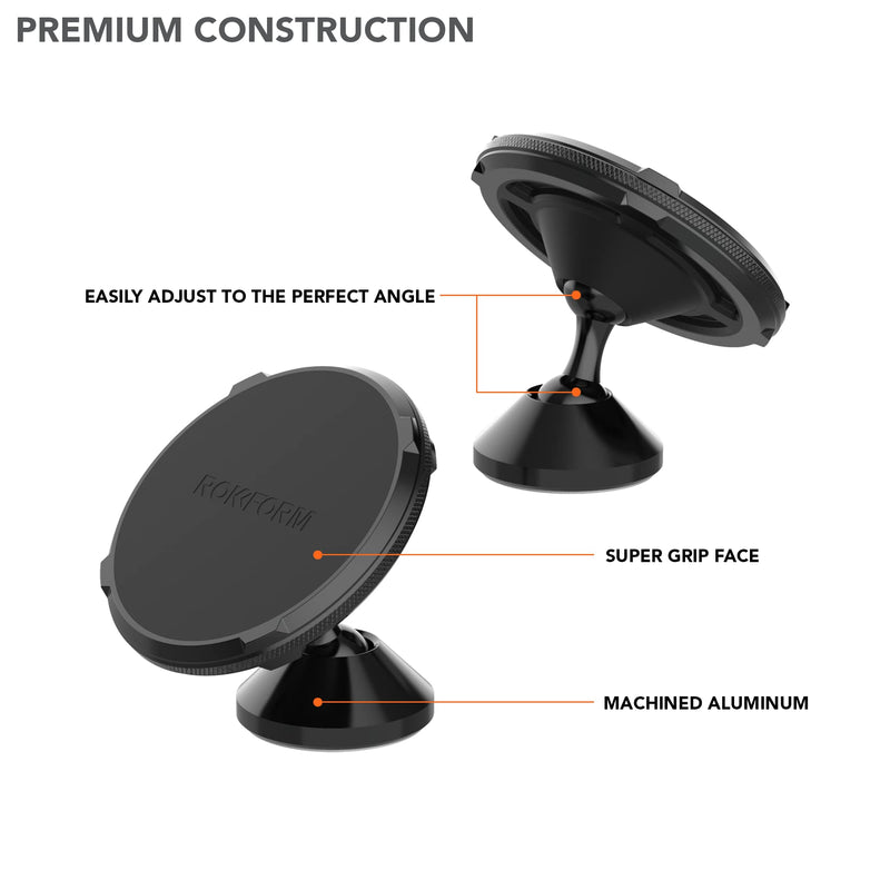 [Australia - AusPower] - Rokform - Adjustable Dual Magnet Car Mount, 360° Swivel with 3M VHB Tape, Compatible with MagSafe Phones and Cases and Rokform Cases, Cell Phone Holder, Dashboard Phone Mount for Truck Car & Van 