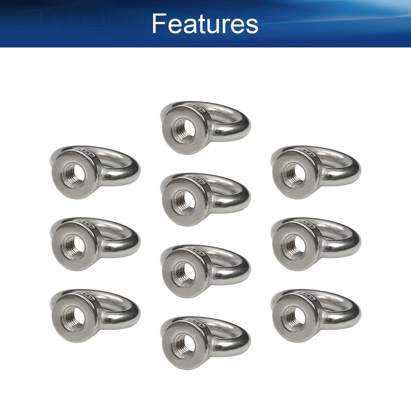 [Australia - AusPower] - Yinpecly 304 Stainless Steel Lifting Eye Nut M10 Female Thread Round Shape for Rope Fitting Marine Industrial Silver Tone 10pcs 