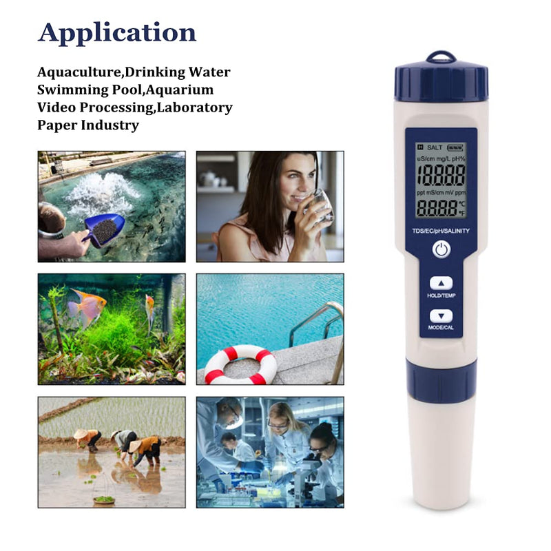 [Australia - AusPower] - PH Meter, EZ-9909 5 in 1 High Accuracy Portable Digital Water Quality Tester, for Measuring PH Salinity TDS EC Temperature, with Backlight Screen, IP67 Waterproof 