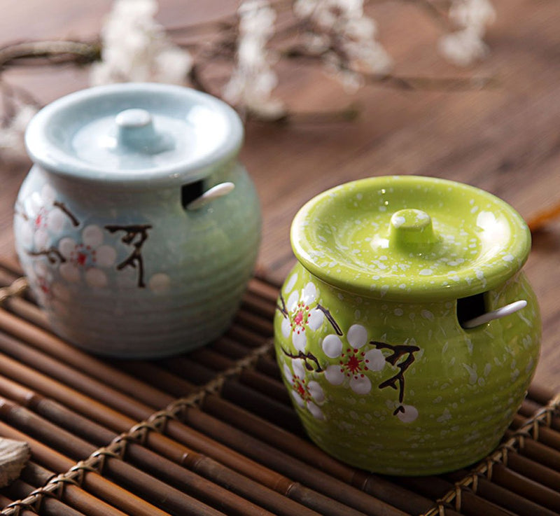 [Australia - AusPower] - Ceramics Japanese Flower Sugar Bowl Seasoning Pot Salt Pepper Storage Jar with Lid And Spoon Blue 