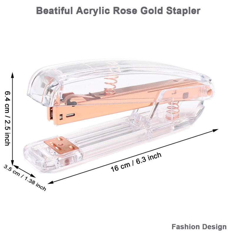 [Australia - AusPower] - Rose Gold Desk Accessories Set - Transparent Rose Gold Acrylic Desktop Stapler with 1000 PCS Rose Gold Staples and 15 Pieces Blinder Clips for Home School Office Supplies Stationery Desk Accessory 