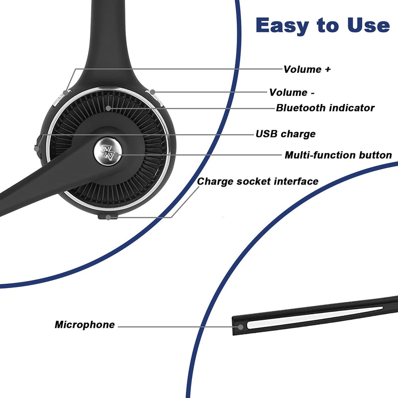 [Australia - AusPower] - Trucker Bluetooth Headset with Microphone Noise Cancelling, V5.0 Wireless Headset with Charging Base 17 Hrs Talk Time Trucker Headset for Home Office Call Center Skype Truck Drive 