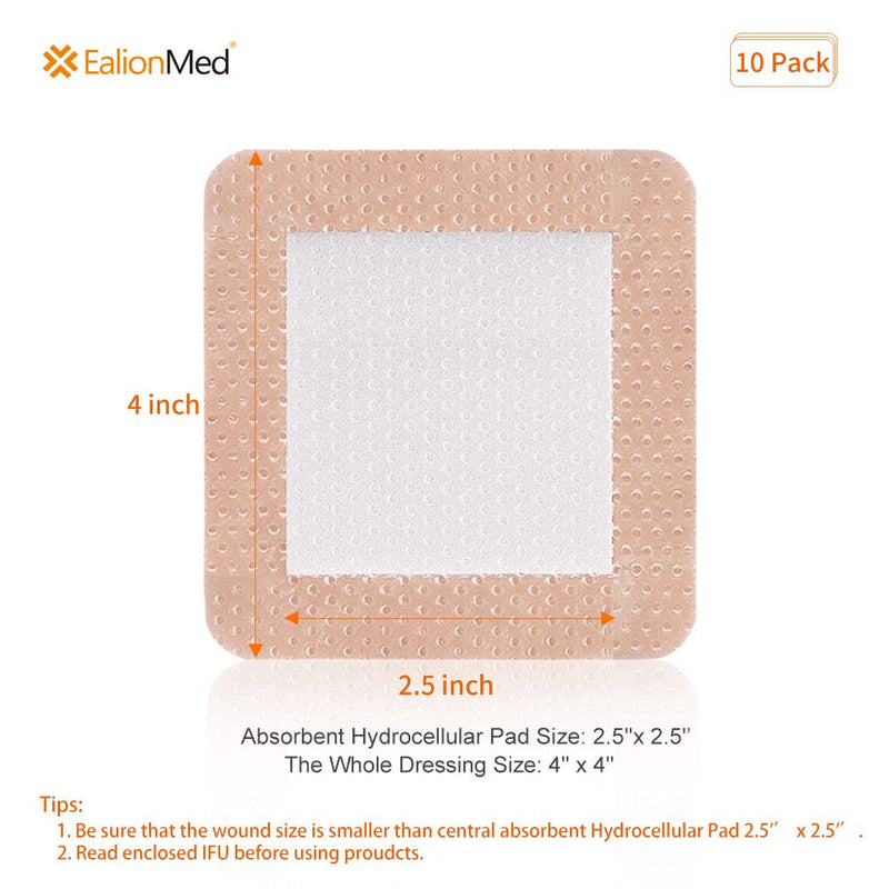 [Australia - AusPower] - EalionMed Silicone Foam Dressing with Gentle Adhesive Border 4''x4'', 10 Pack, Painless Removal High Absorbency Bed Sore Wound Bandage for Pressure Sore, Leg Ulcer, Diabetic Ulcer 10 Count (Pack of 1) 