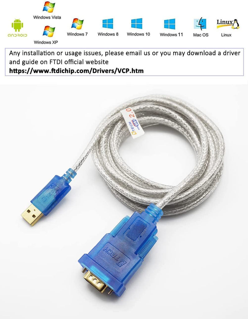 [Australia - AusPower] - DTech USB to Serial Adapter Cable 16 ft DB9 Male RS232 to USB Cord with FTDI Chip Supports Windows 11 10 8 7 Mac Linux (5m) 16ft USB to DB9 serial male cable 