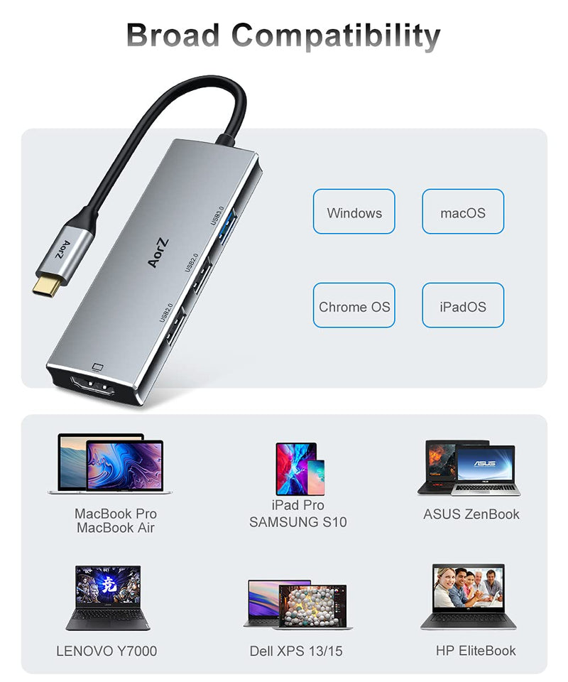[Australia - AusPower] - USB C Hub HDMI Adapter, USB C to USB Hub AorZ USB C Dongle 4 in 1 Type C Hub with 4K HDMI, USB 3.0 USB 2.0 Port for MacBook/Pro/Air (Thunderbolt 3)/iPad pro/Air and Type C Devices Grey 