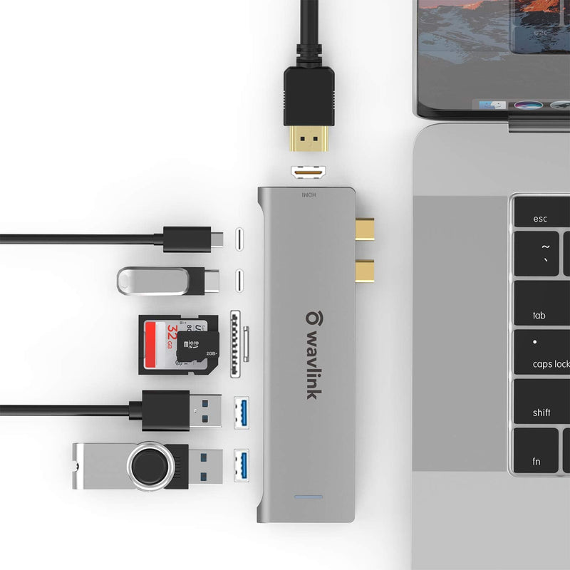 [Australia - AusPower] - WAVLINK 7-in-2 Type C Hub Mini Docking Station with 4K HDMI, 2 USB 3.0, SD/TF Card Reader, Thunderbolt 3100W PD Port, USB C Hub Adapter for MacBook Pro 2016-2020/Air 2018-2020. 