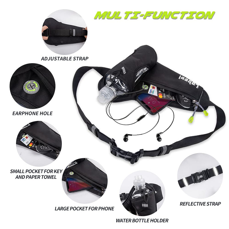 [Australia - AusPower] - Labeol Running Water Bottle Hydration Belt with Water Bottle Holder Hiking Walking Waist Pack Reflective Adjustable Fanny Pack Compatible for Phone Waistband Outdoor Running Belt (Black) Black 