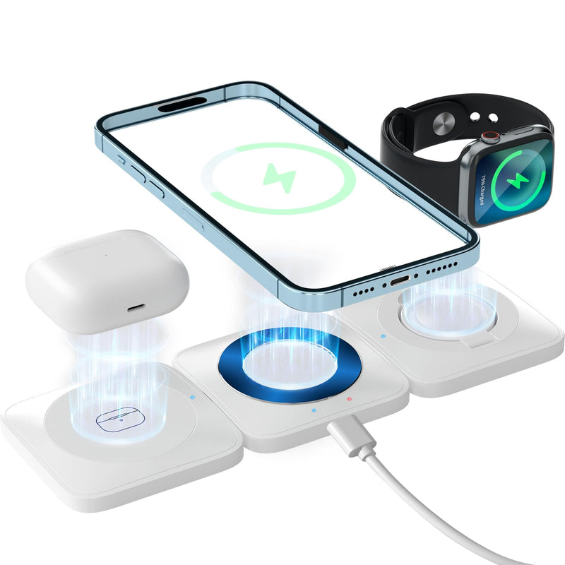 [Australia - AusPower] - 3 in 1 Wireless Charger for iPhone,Portable 3 in 1 Magnetic Wireless Charging Station,Travel Charger for Multiple Devices,for iPhone 14 13 12,AirPods,Apple Watch-White 