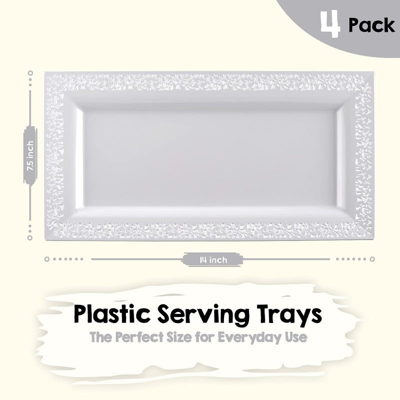 [Australia - AusPower] - Yumchikel-Decorative Plastic Serving Tray & Platter Set (4pk) - White Disposable Party Trays & Platters for Food - Weddings, Upscale Parties, Dessert Table, Cupcake display - 14"x7.5" inches 