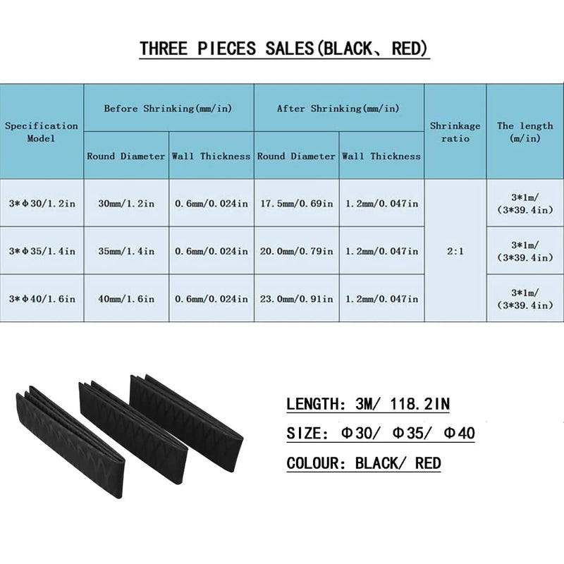 [Australia - AusPower] - WOER 3PCS Fishing Rod Shrink Wrap 2:1 Dia 1.2", 1.4", 1.6" Fishing Rod Grip Wrap Industrial Heat Shrink Tubing Fly Fishing Accessories L:3M Black 3*Φ30mm 