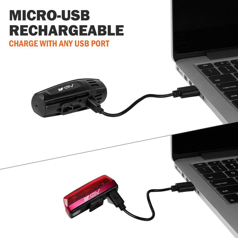 [Australia - AusPower] - BV Super Bright USB Rechargeable Bike Light Set, Headlight with Free Taillight, Three Light Modes, Water Resistant IP44 - Fits All Bicycles with Two Mounting Options 