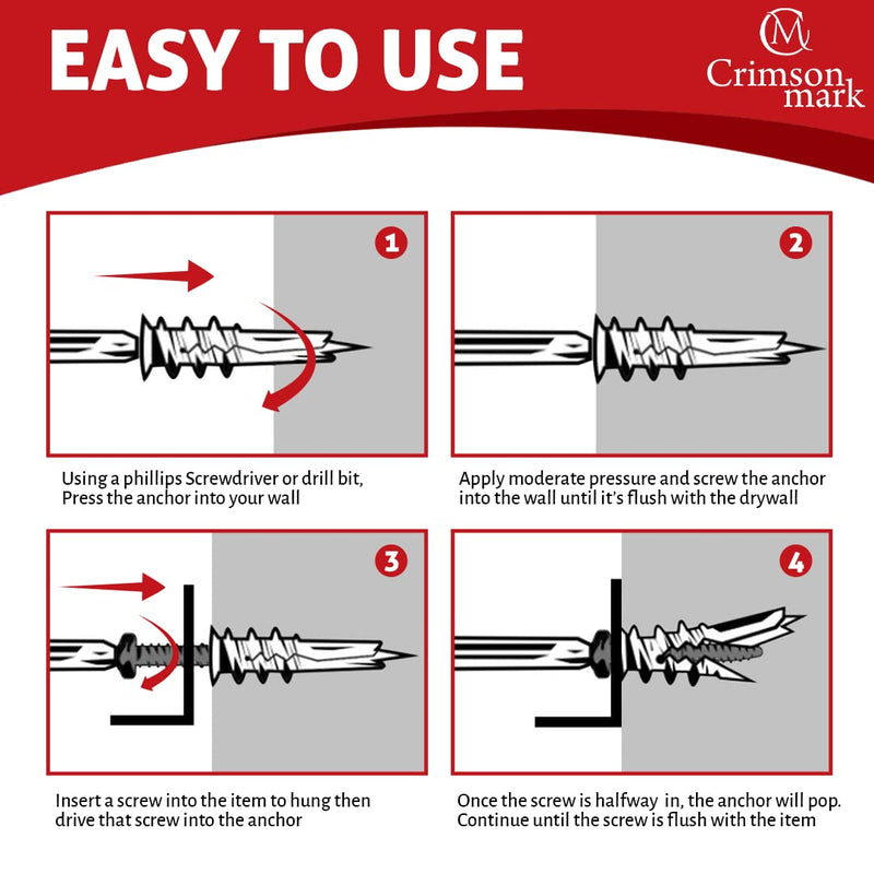 [Australia - AusPower] - CrimsonMark 50Pcs Self Drilling Drywall Anchors and Screws kit #8 x 1-1/4- Superb Wall Anchors for Drywall, Holds Upto 75lbs  No Drill Hole Required with These Dry Wall Screws and Anchors 
