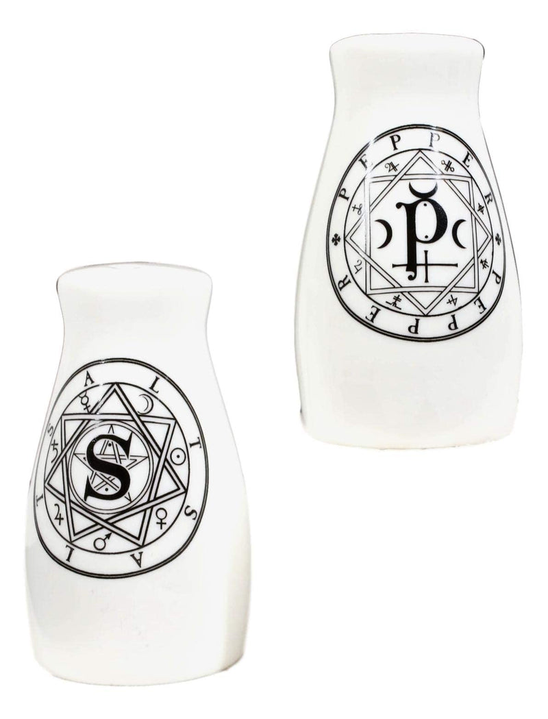 [Australia - AusPower] - Ebros Wicca Magic Sacred Geometry Interwoven Pentacle Crescent Moons Ceramic Salt And Pepper Shakers Set Figurines Party Kitchen Tabletop Halloween Ossuary Macabre Alchemy Collectible Decorative 