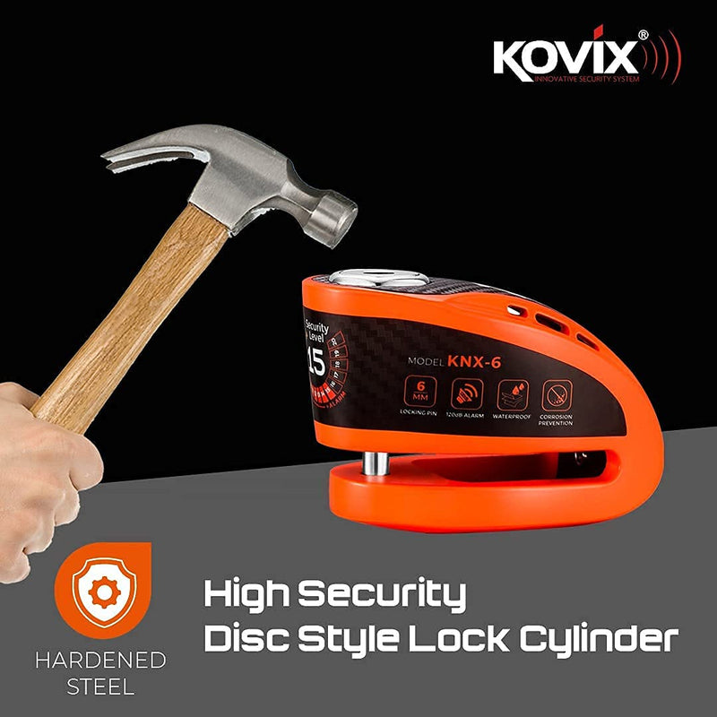 [Australia - AusPower] - Kovix KNX6 Steel 120dB Siren Disc Brake Lock 6mm Lock Pin IP67 Waterproof Motorcycle Security Fluorescent Orange 