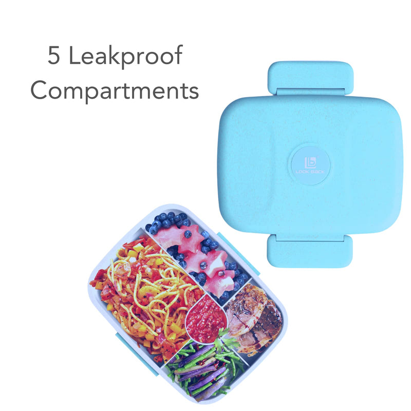 [Australia - AusPower] - Bento Lunch Box For Kids by Fenrici - 5 Leakproof Compartments, Microwave and Dishwasher Safe, BPA Free, Food Safe, 60% Wheat Straw (Cool Blue) Cool Blue 