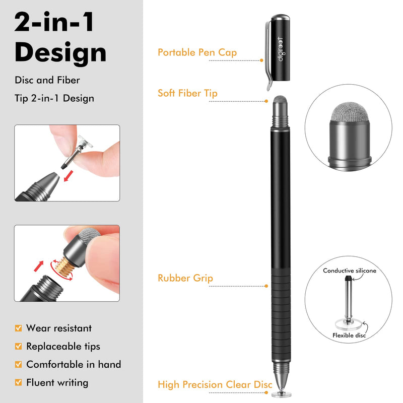 [Australia - AusPower] - digiroot Universal Stylus,[2-in-1] Disc Stylus Pen Touch Screen Pens for All Touch Screens Cell phones, iPad, Tablets, Laptops with 9 Replacement Tips(6 Discs, 3 Fiber Tips Included) - (Black) Black 