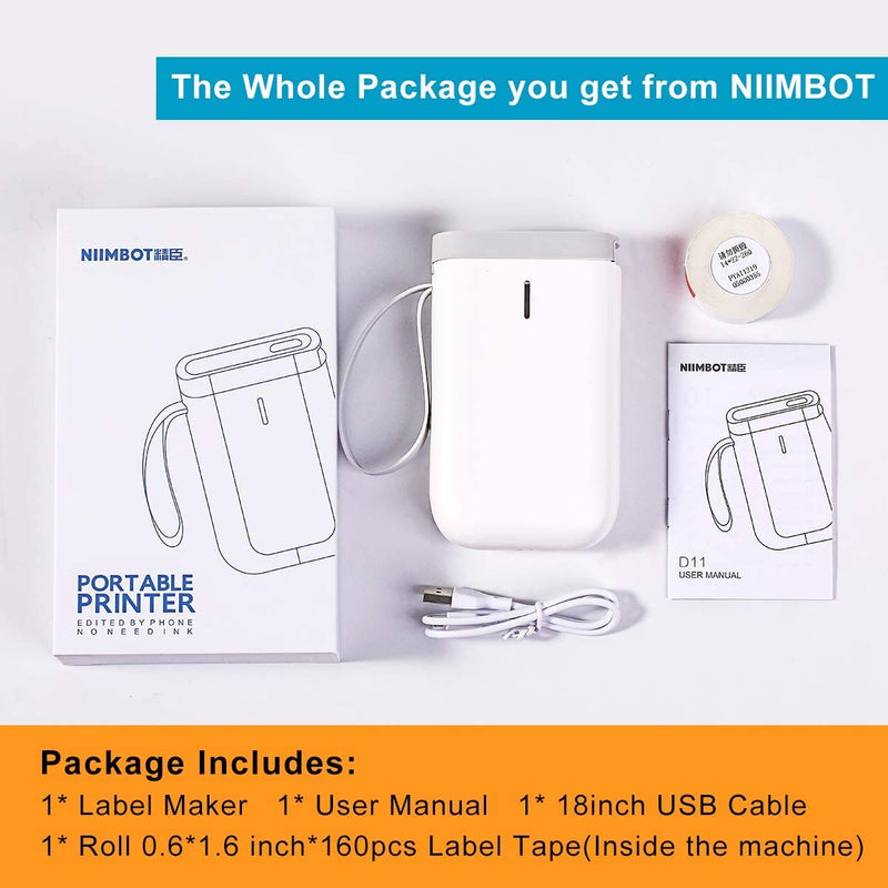 [Australia - AusPower] - Label Maker Machine Tape Included NiiMbot D11 Portable Wireless Connection Label Printer Multiple Templates Available for Phone Pad Easy to Use Office Home Organization USB Rechargeable (White) WHITE 