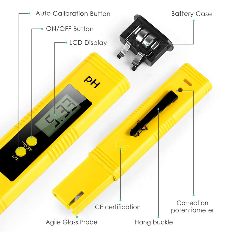 [Australia - AusPower] - Alysontech Digital PH Meter, PH Meter 0.01 High-Precision Pocket Water Quality Tester, PH Range 0-14, Suitable for Accurate Testing of Drinking Water, Aquariums, Swimming Pools, Hydroponics (Yellow) 