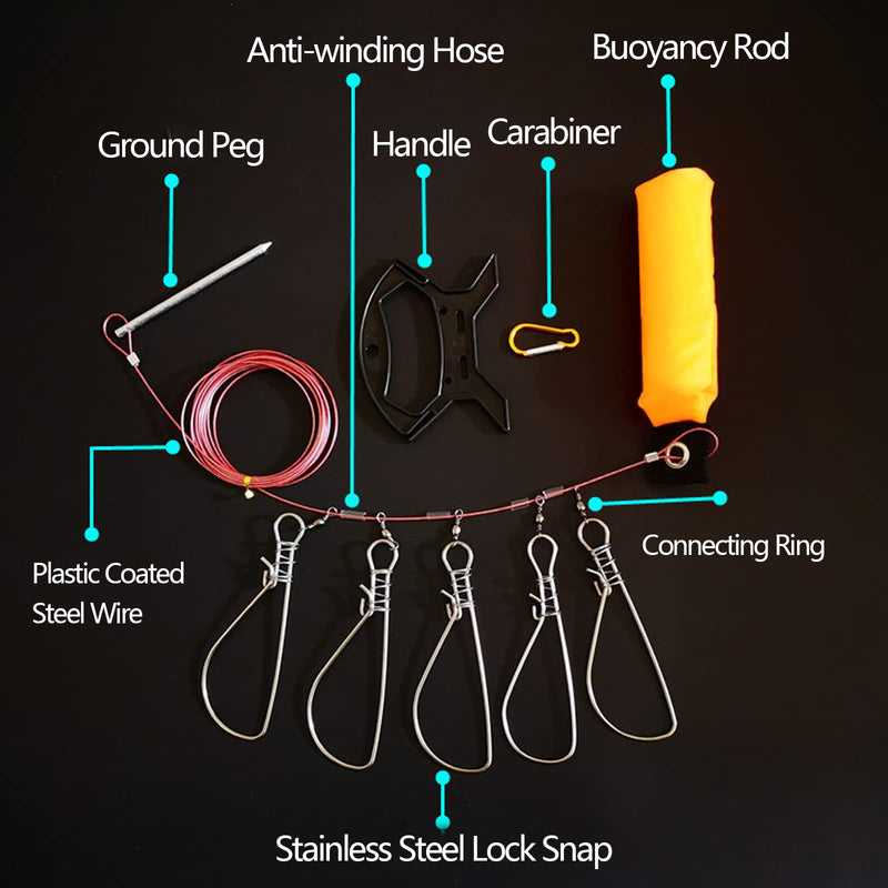 [Australia - AusPower] - OXDFNZU Fishing Stringer Live Fish Lock, Stainless Steel Fish Stringer Clip, Big Fish Wire Rope Cable with Float and Plastic Handle, Fishing Holder Kit with High Strength 10 Snaps/Buckles 