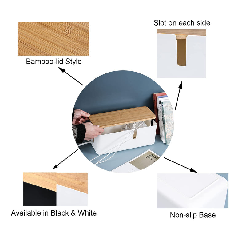 [Australia - AusPower] - Changsuo Cable Management Box with Bamboo Lid Small Cable Organizer Box for Extension Cord Power Stripe Surge Protector Wire Management Concealer Organizer Cover Hider (White) White 