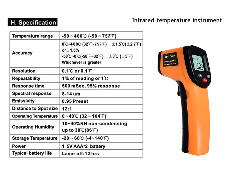 [Australia - AusPower] - LIJUST Infrared Thermometer Temperature Gun, Digital Thermometer Non-Contact Laser Infrared Ir Thermometer Gun(Not for Human) -58℉～752℉(-50℃～400℃) - Kitchen Cooking Gun, Freezer Oven Thermometer 
