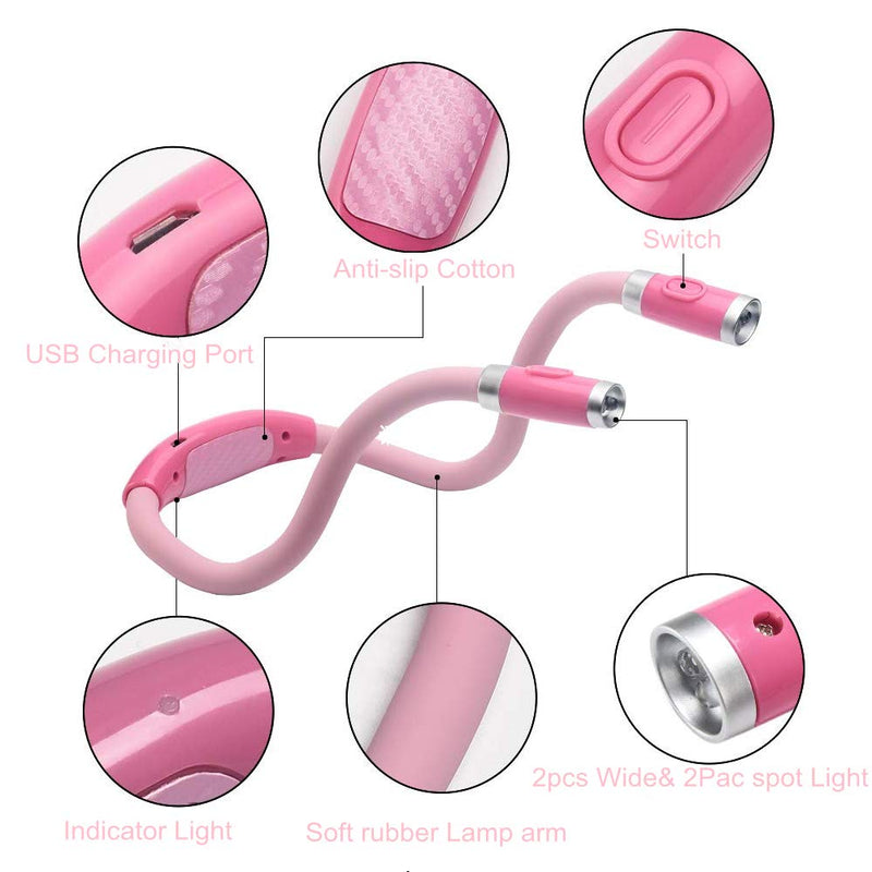 [Australia - AusPower] - Rechargeable 4 LED Neck Reading Light, Book Lights for Reading in Bed, 3 Brightness Levels, 2 Flexible Soft Silicone Arms Comfortable Wear, Long Lasting. Perfect for Bookworms, Craft & Knitting (Pink) Pink 