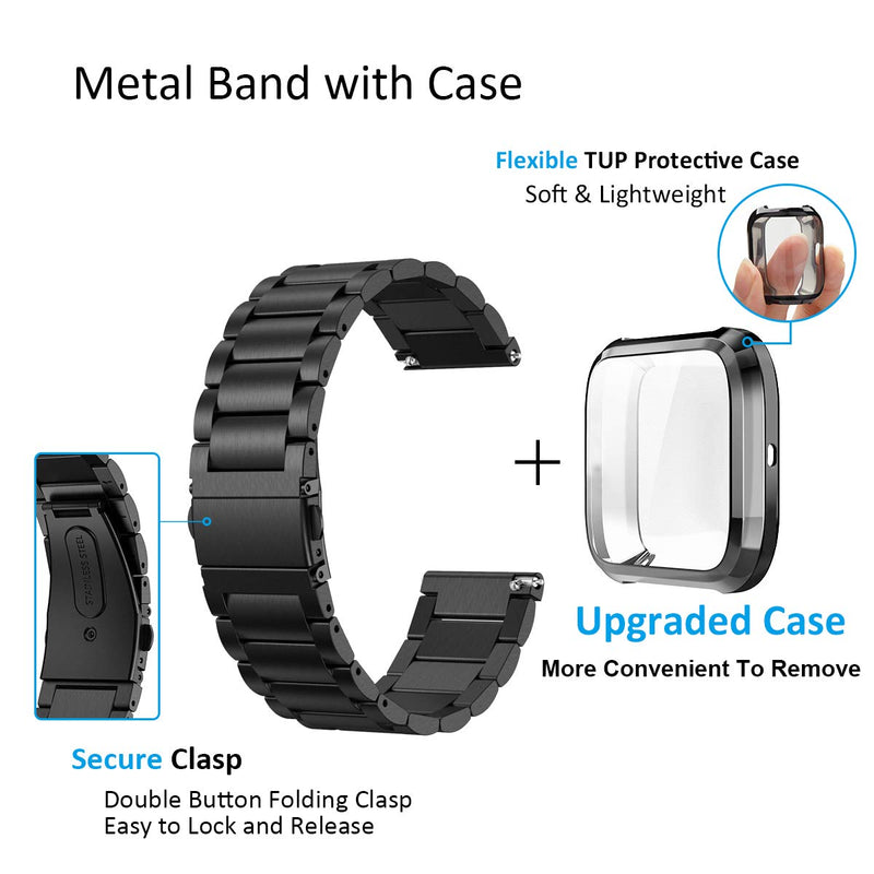[Australia - AusPower] - Maxjoy Compatible with Fitbit Versa Bands, Versa 2 Metal Band Large Stainless Steel Bracelet Wristband with Protective Cover Case for Men Women, Compatible with Fitbit Versa 2 1 Smart Watch, Black Versa 2 Band 