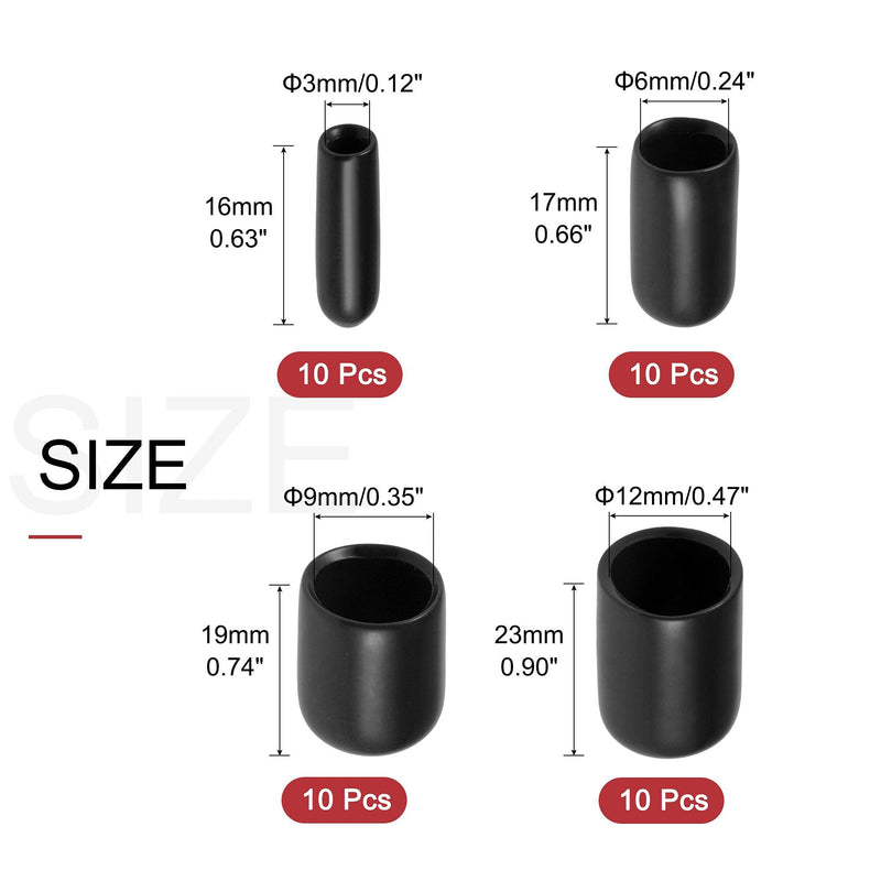 [Australia - AusPower] - uxcell 40pcs Round Rubber End Caps 1/8" 1/4" 3/8" 1/2" Black Vinyl Cover Screw Thread Protectors Assortment Kit(3mm 6mm 9mm 12mm) 