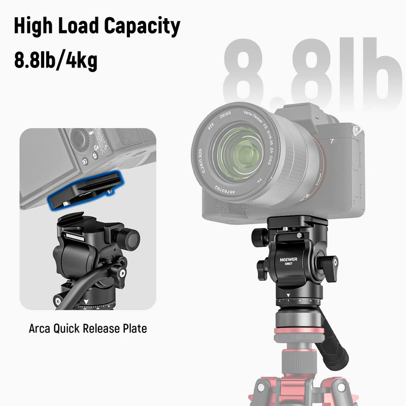 [Australia - AusPower] - NEEWER Tripod Fluid Head with +/-10° Leveling Base(37mm Dia.), Metal Pan Tilt Head with Arca Type QR Plate, Telescopic Handle for Compact Video Camera DSLR Camera, Max Load 8.8lb/4kg, GM27 