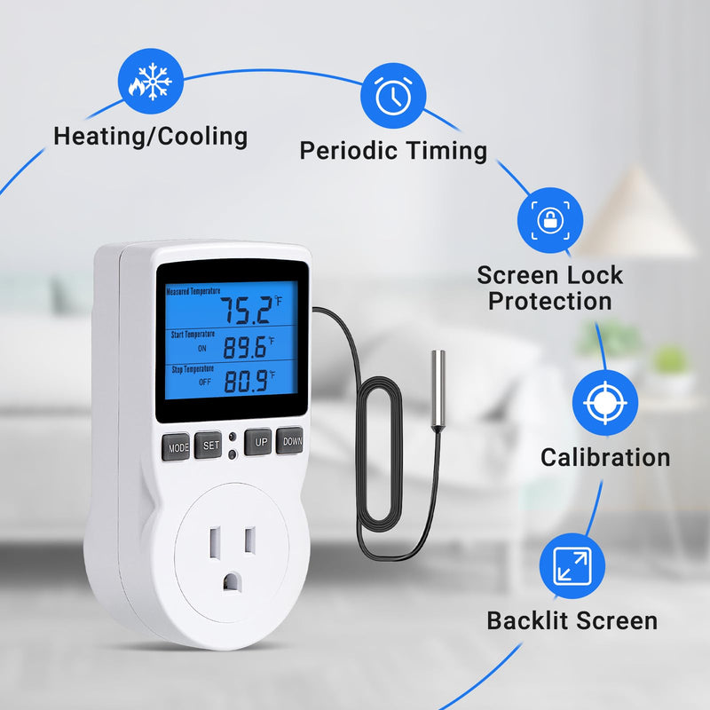 [Australia - AusPower] - INKBIRDPLUS Plug in Thermostat Temperature Controller Digital Thermostat Outlet Heating Cooling Control Timer 1800W 110V 15A Backlit Display 