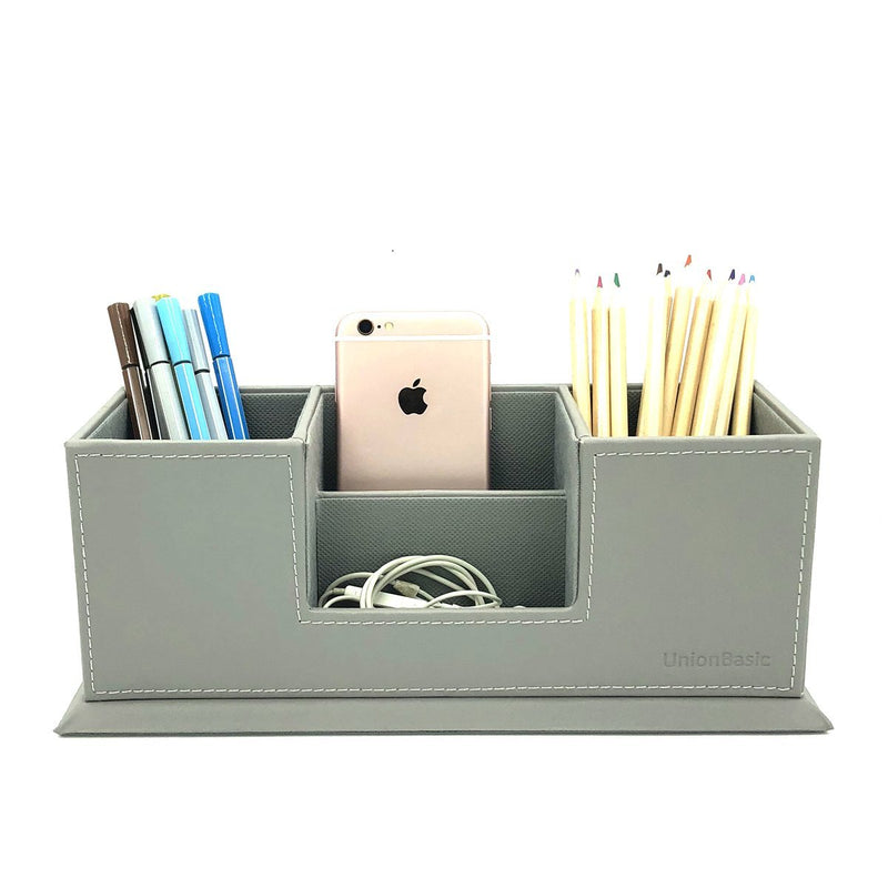 [Australia - AusPower] - UnionBasic 4-Compartment Desk Organizer - Dual Pen Holder - Desktop Card/Pen/Pencil/Mobile Phone Office Supplies Holder (Grey) Gray 