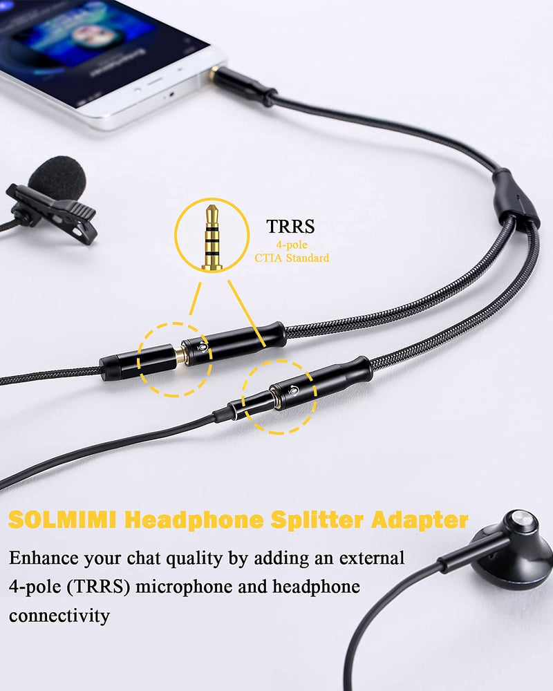 [Australia - AusPower] - SOLMIMI Headphone Splitter 3.5mm TRRS Stereo Audio Y Splitter Crystal Nylon Braid 4-Pole Male to 2-Female Dual Headphone Jack Splitter Adapter for Headset PC Smartphone Xbox PS4 & More - Matte Black 1Feet/30cm 