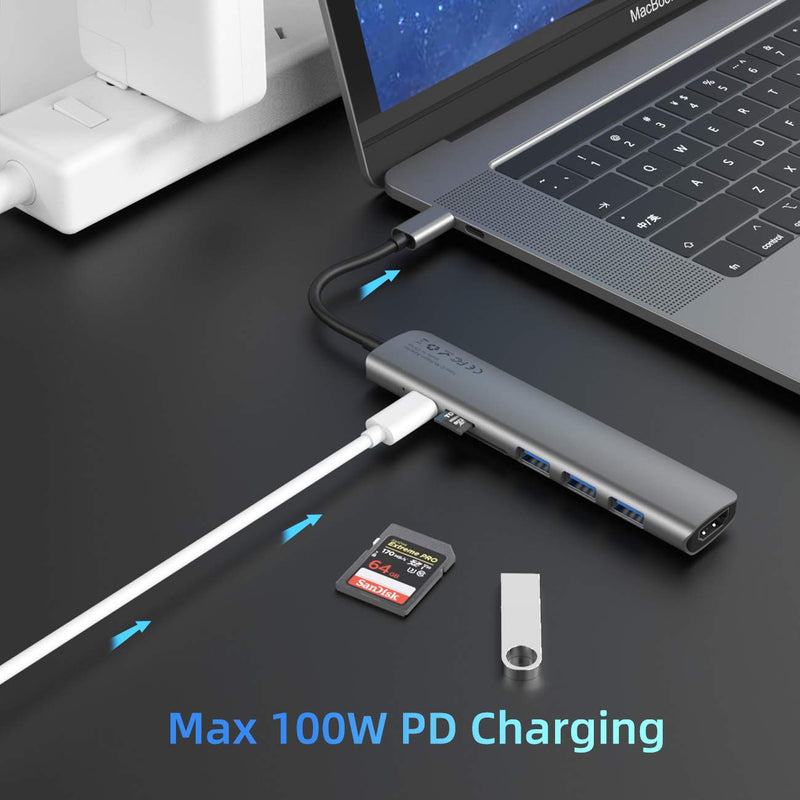 [Australia - AusPower] - WALNEW USB C Hub, MacBook Pro USB C Adapter, 7-in-1 Type C Hub with 4K USB-C to HDMI, 3 USB 3.0 Ports, SD/TF Card Reader, 100W PD Dock for MacBook Pro/Air(Thunderbolt 3)/ Type C Devices Gray 