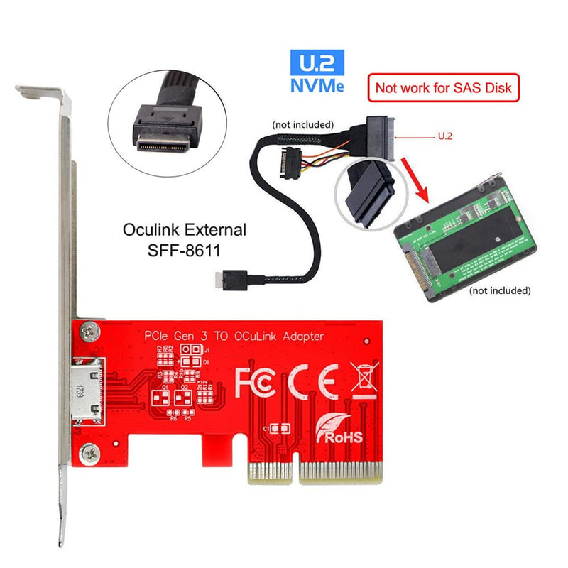 [Australia - AusPower] - NFHK PCI-E 3.0 Express 4.0 x4 to Oculink External SFF-8612 SFF-8611 Host Adapter for PCIe SSD with Bracket Red PCI-E 3.0 to Internal SFF-8611 