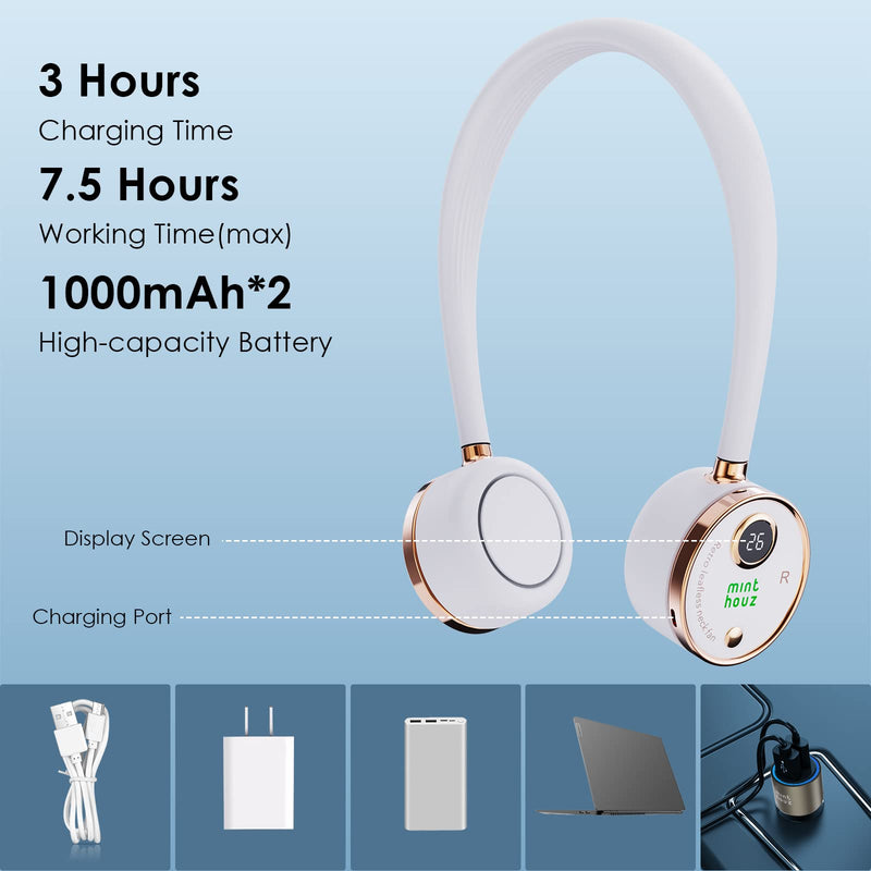 [Australia - AusPower] - Minthouz Portable Neck Fan, USB-C Powered Digital Display Bladeless Fan, 3 Speeds Wearable Personal Fan, 2000mAh Rechargeable Battery Operated Fan for Outdoor, Home, Office - White 