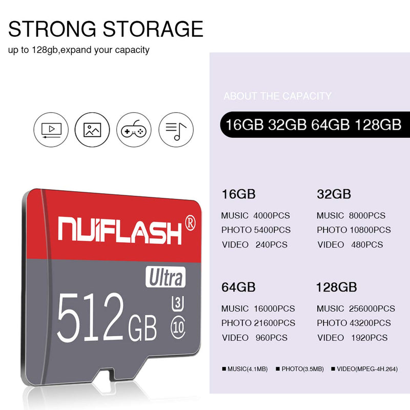 [Australia - AusPower] - 512GB Micro SD Card,TF Card/Memory Cards 512GB Class 10 High Speed with SD Card Adapter for Camera, Phone, Computer,Tablet, Drone, Dash Came, Surveillance, Tachograph 