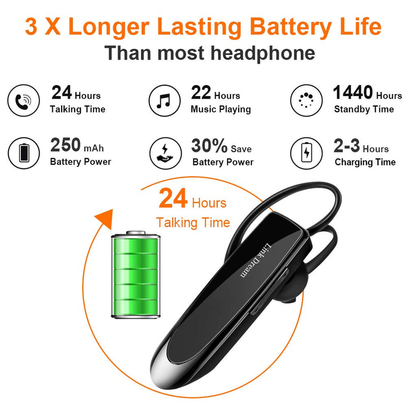 [Australia - AusPower] - Link Dream Bluetooth Earpiece for Cell Phone Hands Free Wireless Headset Noise Cancelling Mic 24Hrs Talking 1440Hrs Standby Compatible with iPhone Samsung Android for Driver Trucker (2 Pack) 