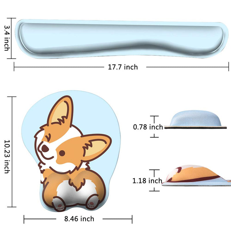 [Australia - AusPower] - HAOCOO Keyboard Pad Wrist Rest and Gel Mouse Pad with Wrist Support,Ergonomic Corgi Mouse Pads with Non-Slip Backing Memory Foam Filled, Easy Typing &Pain Relief for Home Office Computer Laptop(Blue) Blue 