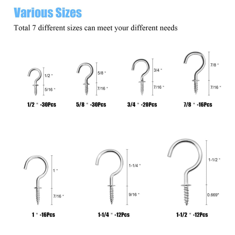 [Australia - AusPower] - Cup Screw Hooks for Hanging, DYWISHKEY 136PCS 7 Sizes Cup Hooks Kit, Nickel Plated Screw-in Cup Hooks for Home, Office and Workplace (1/2", 5/8", 3/4", 7/8", 1'', 1-1/4", 1-1/2") Silver 