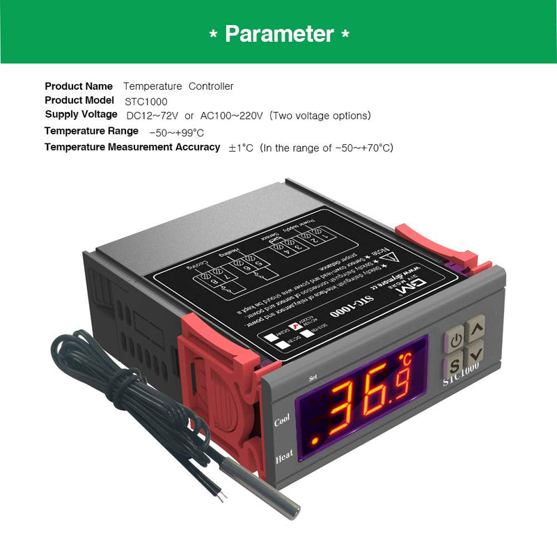 [Australia - AusPower] - diymore STC-1000 AC 10A 110V-220V All-Purpose Digital LED Temperature Controller Heating Cooling Thermostat 2 Relays Output with NTC Sensor Probe(Only Support ℃) AC 110-220V 