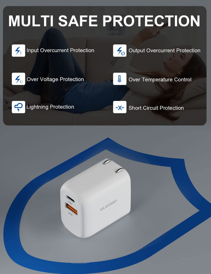 [Australia - AusPower] - ELEGRP USB C GaN 30W Charger Cube, PD Power Delivery Fast Type C Charging Block, USB A Port, Wall Charger with Foldable Plug for iPhone 14/13/12/11, XS/XR/X, iPad, AirPods, Pixel, Galaxy and More 