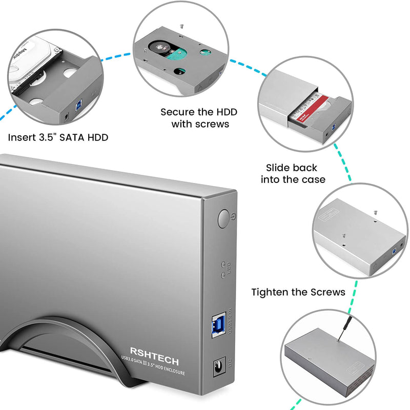 [Australia - AusPower] - Hard Drive Enclosure RSHTECH USB 3.0 to SATA Aluminum External Hard Drive Dock Case for 3.5 inch HDD SSD up to 16TB Drives, Support UASP (RSH-339) USB 3.0 Enclosure 