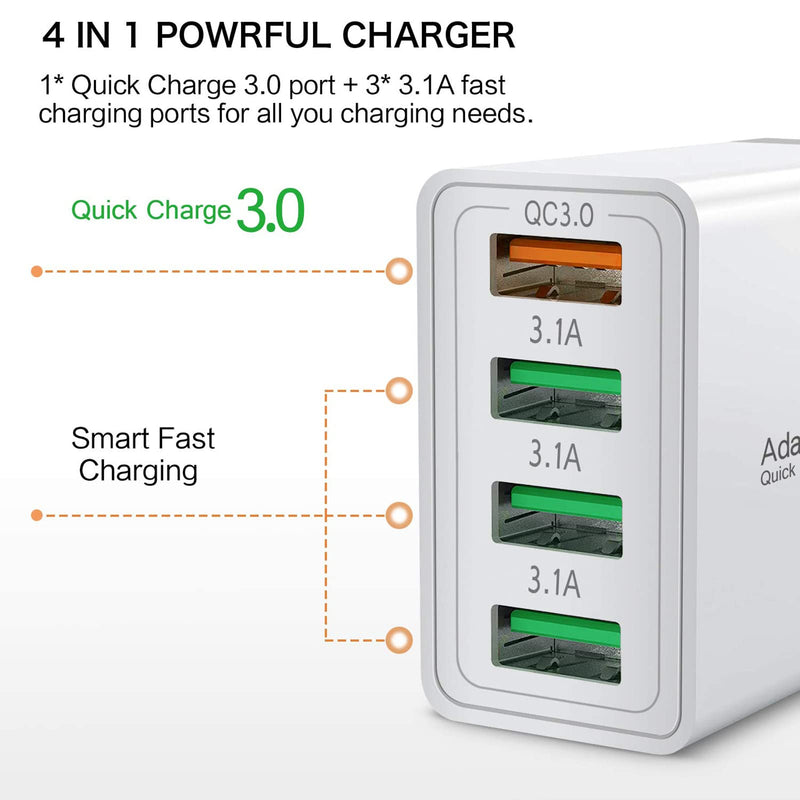 [Australia - AusPower] - USB Quick Charge 3.0, Boxeroo Quick Charge 3.0 Wall Charger 2Pack, 4-Port USB Plug for Galaxy S10+ S9+ Note 10+ Note 9+ Note 8, G6 V30, HTC 10, iPhone 11 Pro Max XS Max XR X 8 7 Plus White 