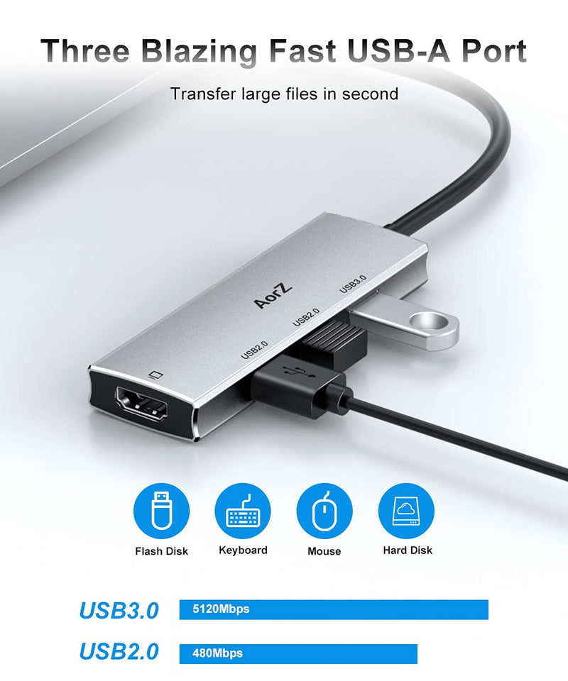 [Australia - AusPower] - USB C Hub HDMI Adapter, USB C to USB Hub AorZ USB C Dongle 4 in 1 Type C Hub with 4K HDMI, USB 3.0 USB 2.0 Port for MacBook/Pro/Air (Thunderbolt 3)/iPad pro/Air and Type C Devices Grey 