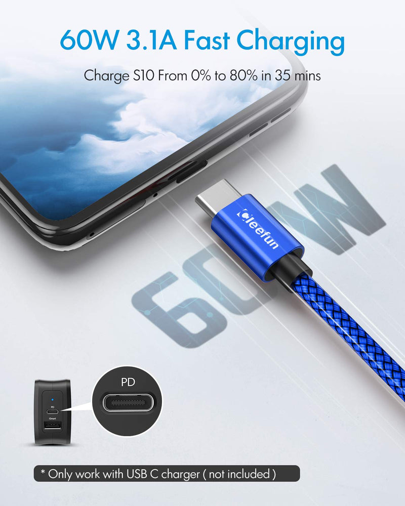 [Australia - AusPower] - USB C to USB C Cable [3ft 2-Pack], CLEEFUN 60W USB Type C Fast PD Charger Cord Braided Compatible with Samsung Galaxy S21 S20 S21+ Ultra Note 20 10, A71 A72 A70 A52 A51 5G, Pixel 5 4 4a 3a XL, Switch 3ft 3ft Blue 